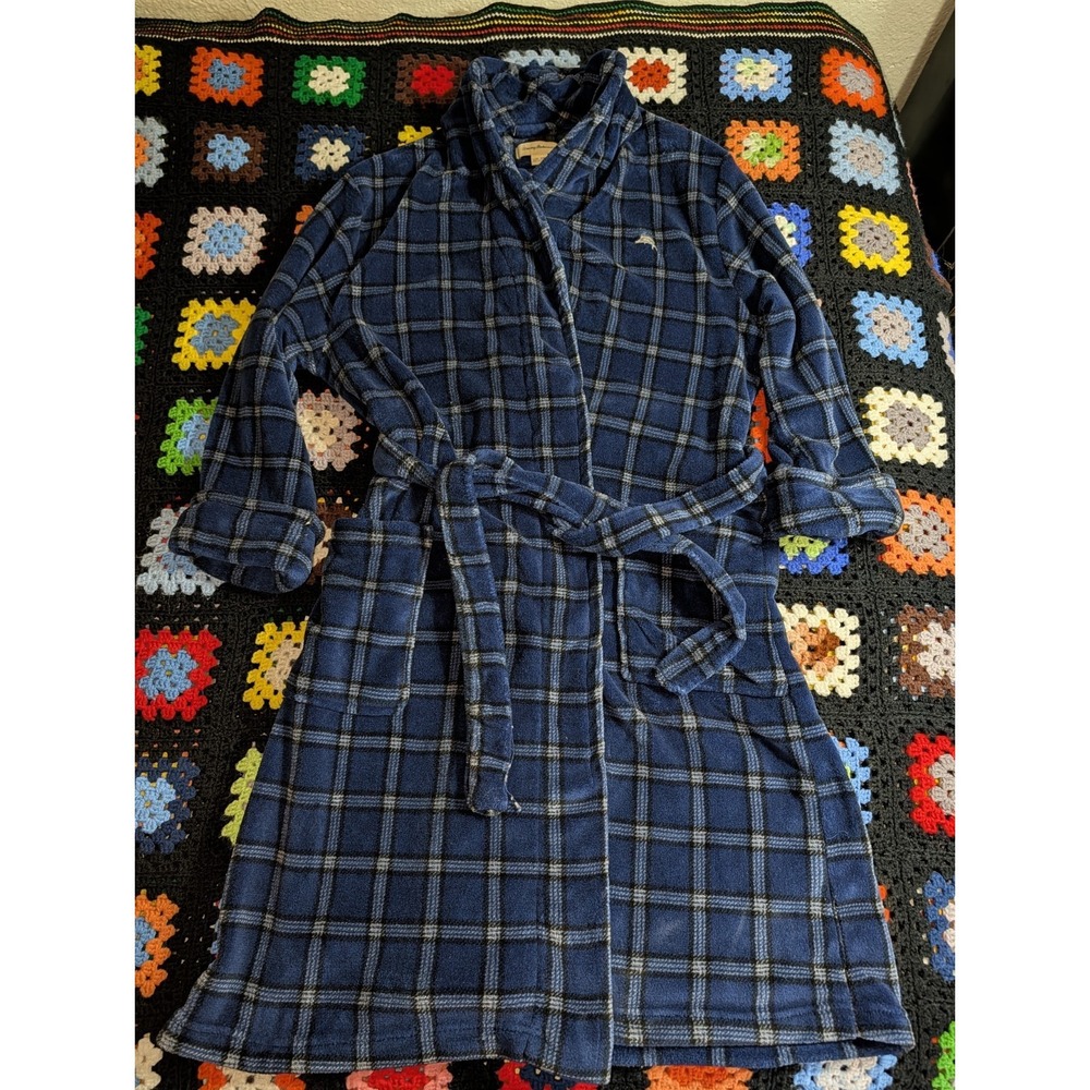 Tommy Bahama Relax Bathrobe Men's L/XL Blue Plaid Plush Soft Cuffed Sleeve 45"